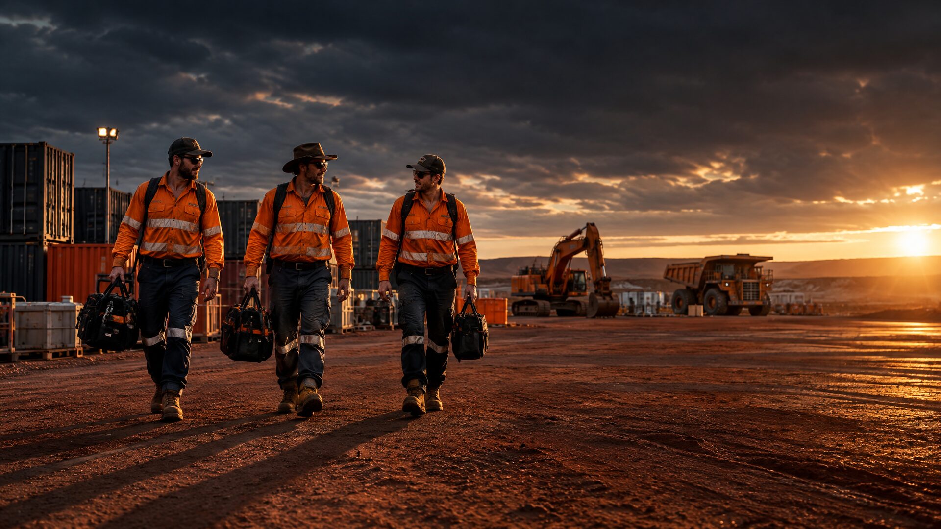 Fitters walking across a mine site laydown yard at dawn